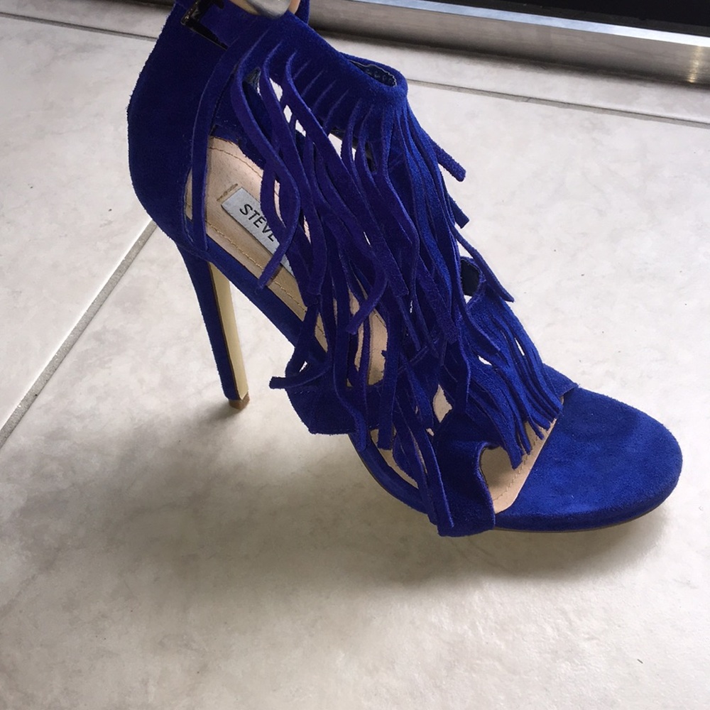 Blue Suede Fringe Heels